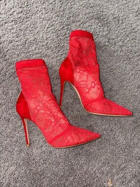 Gianvito Rossi Red Lace Pointed Toe Sock Booties